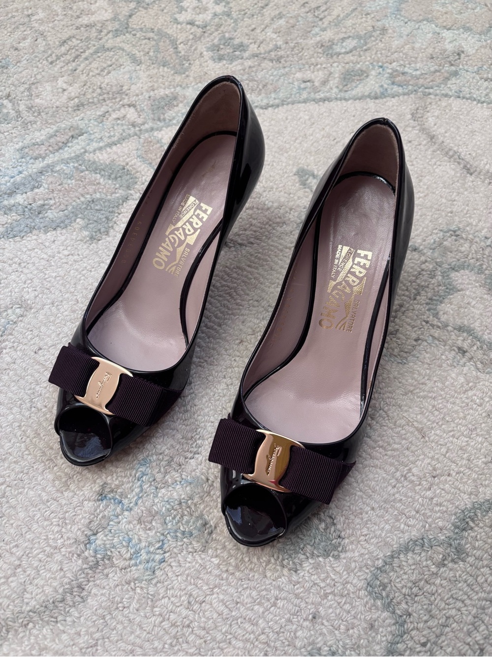 Salvatore Ferragamo Black Patent Vara Bow Peep Toe Heels with Gold Plate
